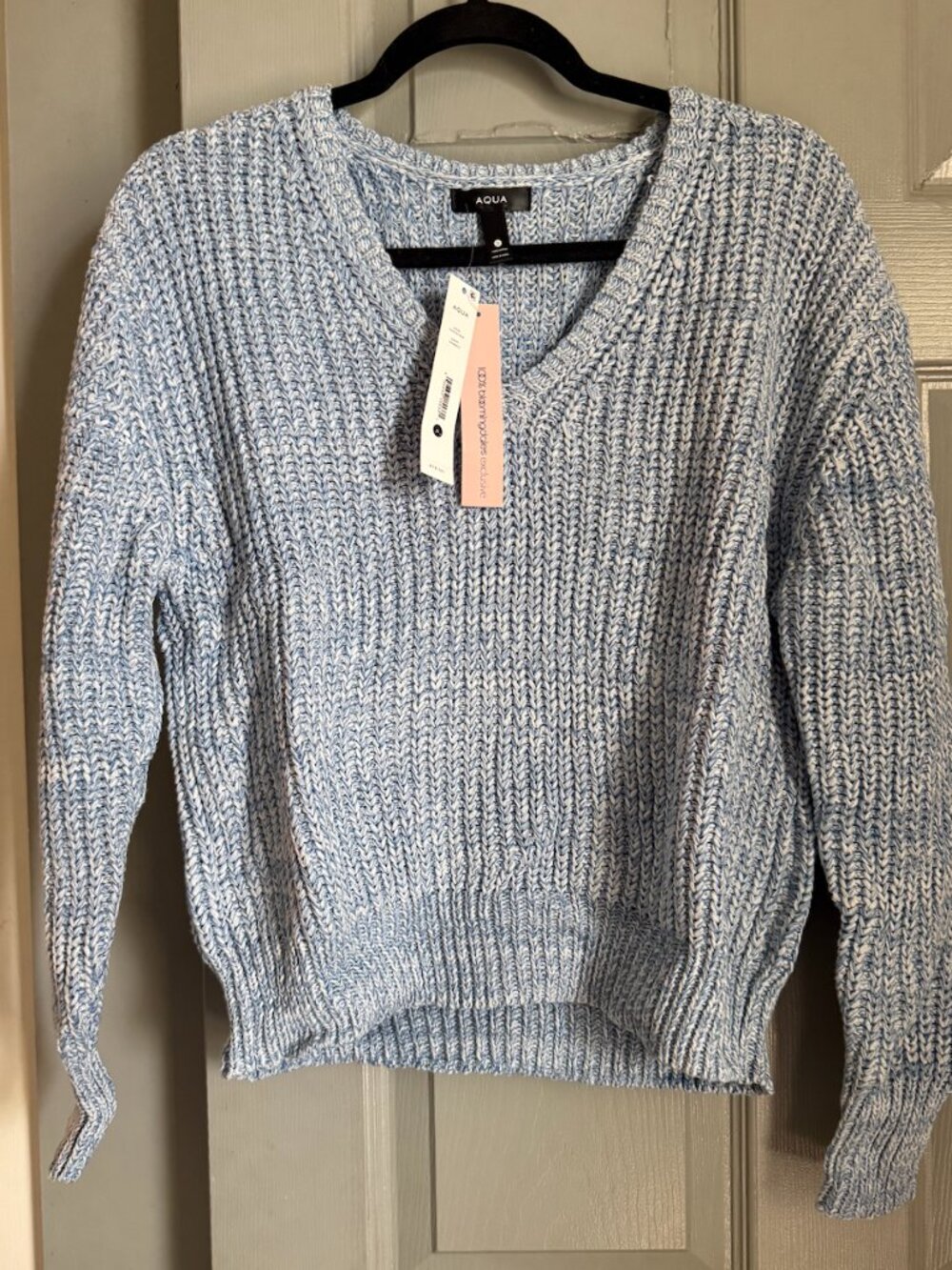 AQUA Chambray Blue Chunky Knit Sweater Women's Small V-Neck Cotton Pullover NWT